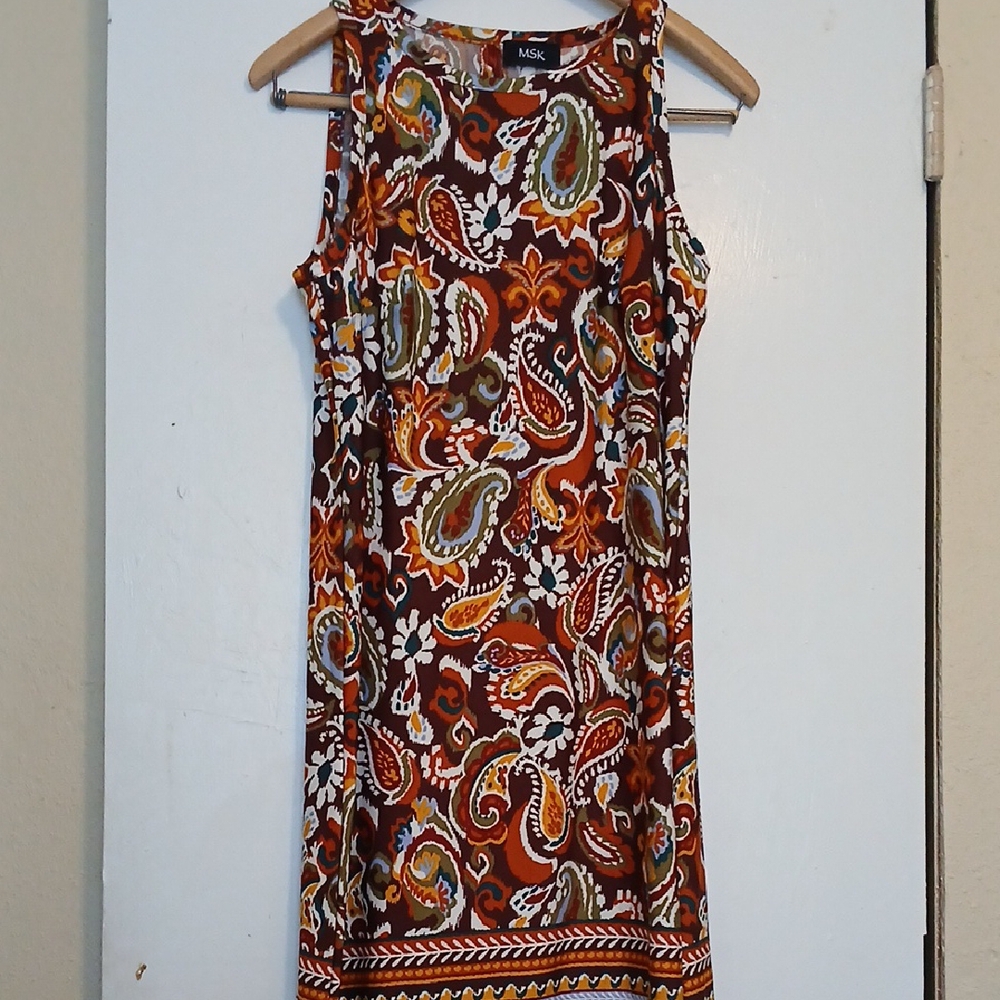 MSK Brown Paisley Sleeveless Dress with Orange & Olive Accents